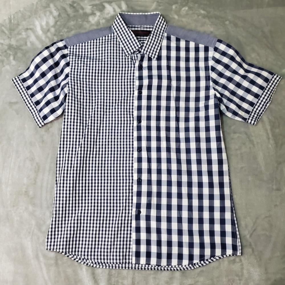 Roberta di Camerino Mens Navy White Mixed Gingham Check Short Sleeve Shirt 105